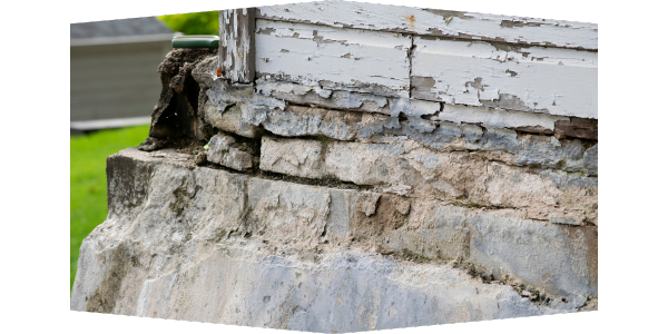 Close-up of an old, deteriorating foundation with cracked and peeling paint. The stone and mortar show signs of wear and damage, ideal for mold testing. Grass is visible in the background.