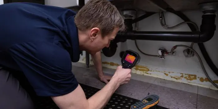A person in a dark shirt kneels on the floor, using a thermal imaging device to assess pipes and wiring under a sink for potential issues. A handheld meter rests nearby, as they carefully test for signs of mold or other concerns.