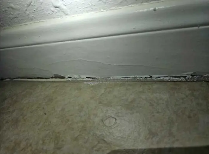 A close-up view of a white baseboard with peeling paint and a visible gap between the board and a beige tiled floor, suggesting the need for an inspection to assess potential mold or further damage.