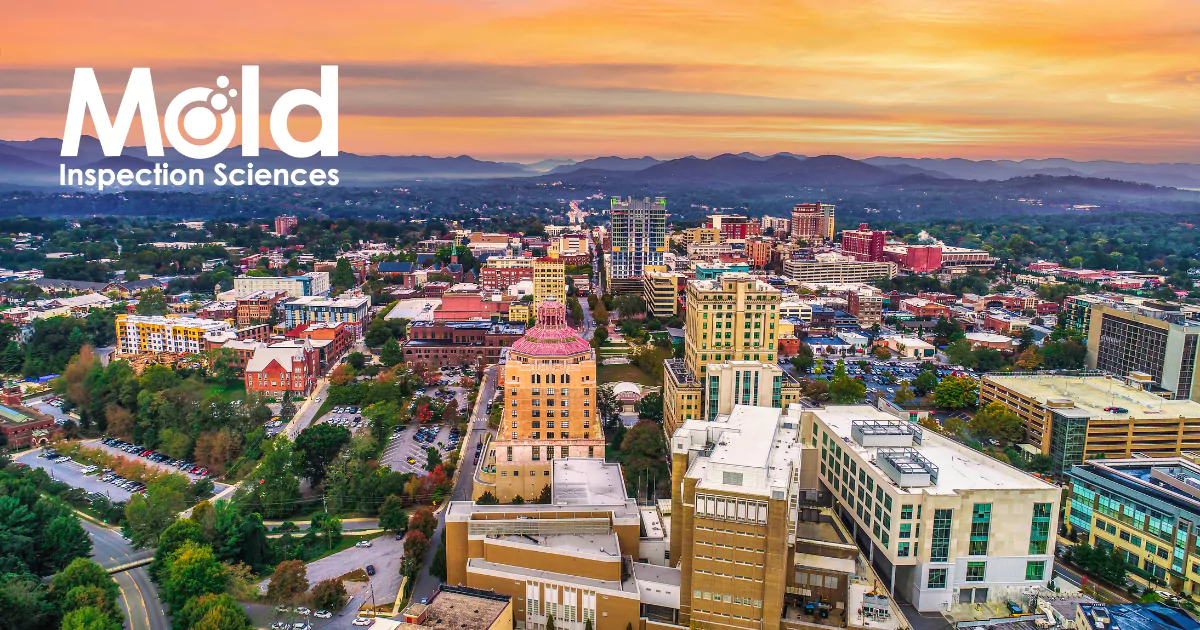 Aerial view of a cityscape at sunset with colorful sky and distant mountains. Prominent buildings, lush green areas, and streets spread below. The words Mold Inspection Sciences are displayed in the top left corner, emphasizing their expertise in mold testing throughout the city.