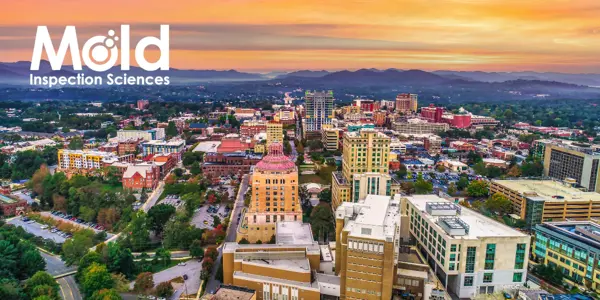 Aerial view of a cityscape at sunset with colorful sky and distant mountains. Prominent buildings, lush green areas, and streets spread below. The words Mold Inspection Sciences are displayed in the top left corner, emphasizing their expertise in mold testing throughout the city.