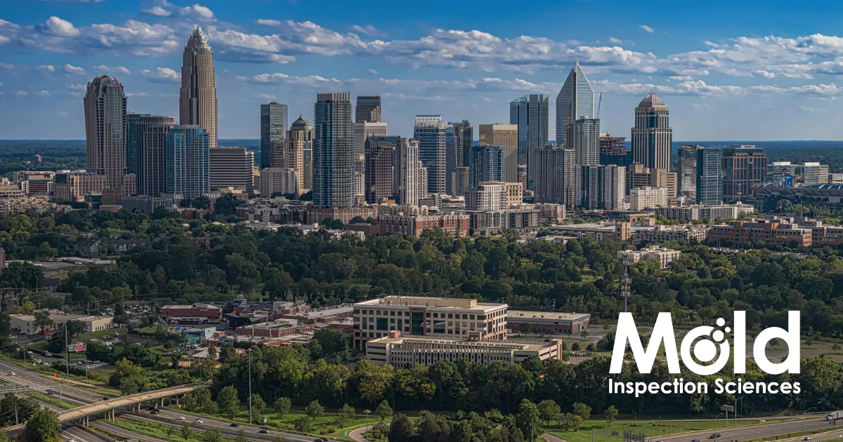 Aerial view of a city skyline with modern high-rise buildings surrounded by greenery under a cloudy blue sky. The foreground shows highways and trees, with the text "Mold Inspection Sciences" indicating an expert assessment of urban environmental health.