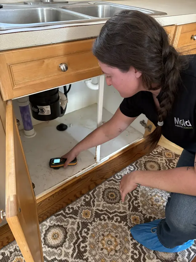A person with long hair in a braid is conducting an inspection under a kitchen sink with a handheld moisture meter. Kneeling on a patterned rug and wearing blue shoe covers, they are carefully testing for any signs of mold.