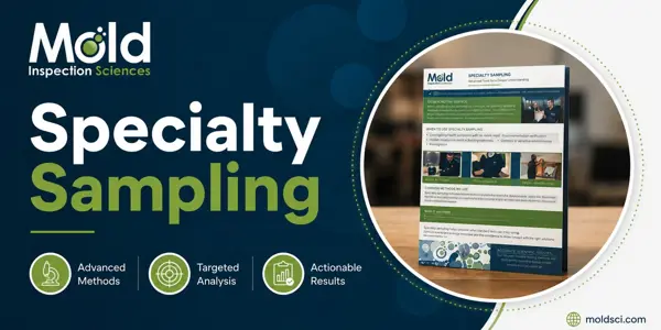 A flyer for Mold Inspection Sciences’ Specialty Sampling stands on a table. The image highlights phrases like Advanced Methods, Targeted Analysis, and Actionable Results with icons, the company logo, and emphasizes thorough assessment services.