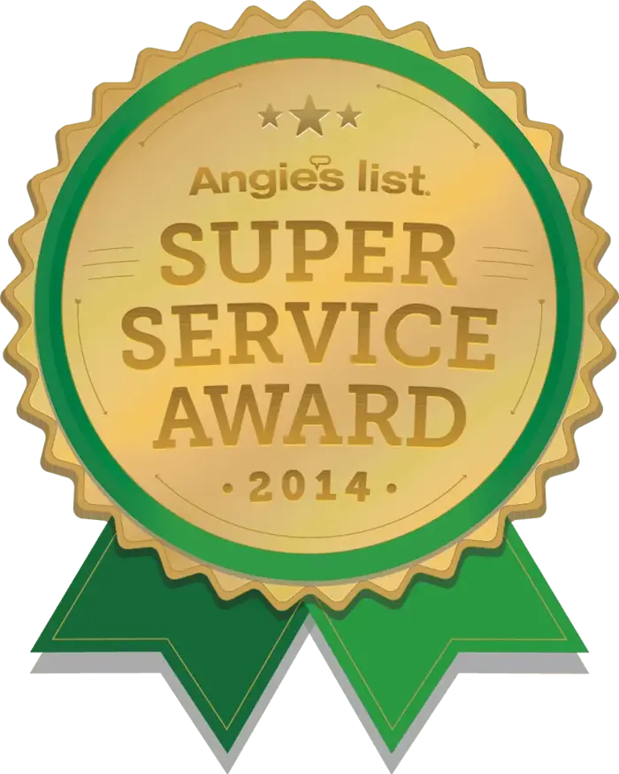 A gold badge with green trim and ribbon reads Angies List Super Service Award 2014 in bold letters, with three stars above the text—perfect for top-rated mold assessment or testing services.