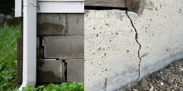 Side-by-side images show brick foundation damage near a white downspout on the left, and a cracked concrete foundation with soil at the base on the right, highlighting areas that may need further inspection or testing.