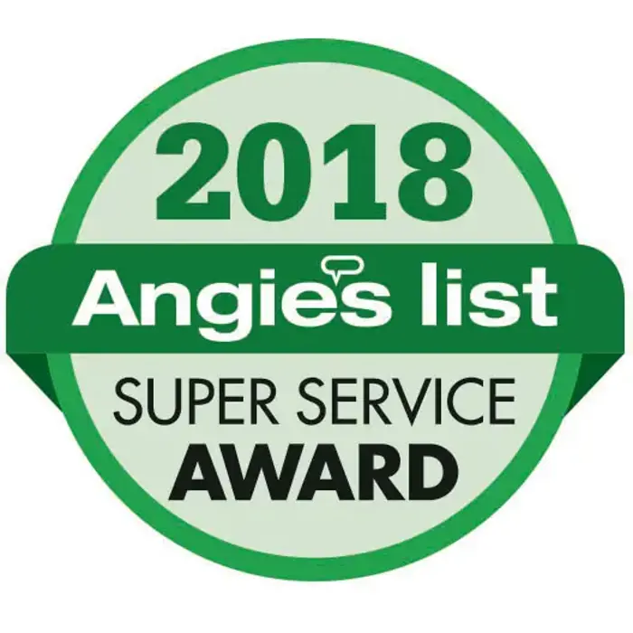Green and white circular badge displaying 2018 Angie's List Super Service Award, recognizing outstanding service in testing and mold assessment.