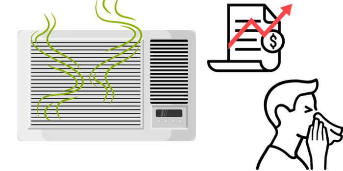 An air conditioner emitting green wavy lines indicating a bad smell due to mold, with a red upward arrow next to a bar graph showing increasing temperature, highlighting the need for testing and sampling.