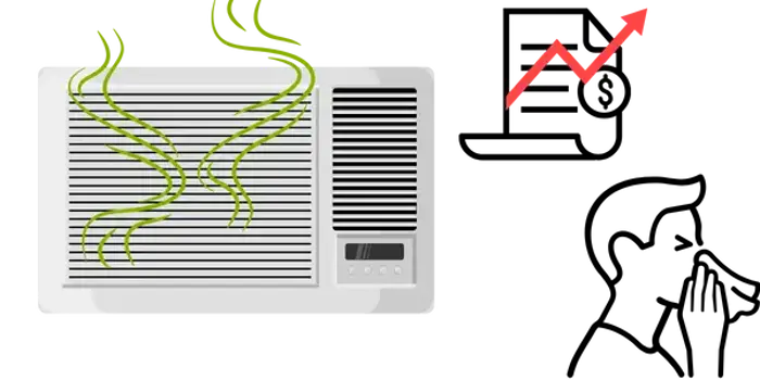 An air conditioner emitting green wavy lines indicating a bad smell due to mold, with a red upward arrow next to a bar graph showing increasing temperature, highlighting the need for testing and sampling.