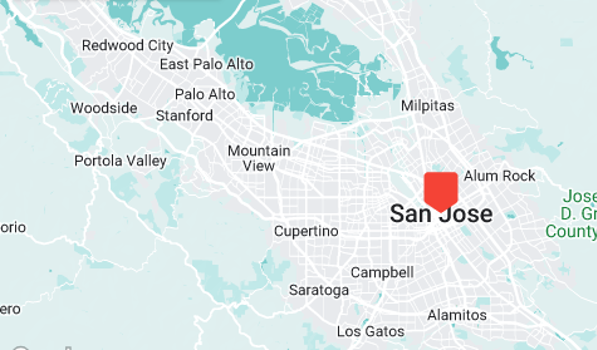 A map highlighting San Jose, California with a red marker aids in the investigation of surrounding areas like Cupertino, Mountain View, Palo Alto, and Redwood City. Highways and geographic features are visible in light gray and green shades, respectively.