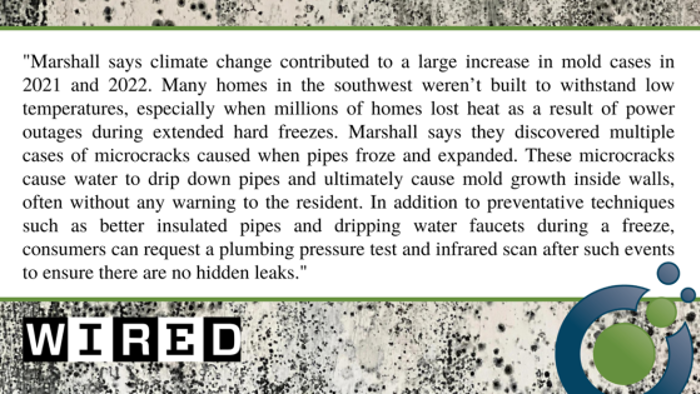 The image features a quote from Marshall on climate change and rising mold cases after hard freezes, emphasizing the importance of mold inspection. Issues with pipes and microcracks in the southwest are noted. The Wired logo sits at the bottom left with a green-blue circular design to the right.